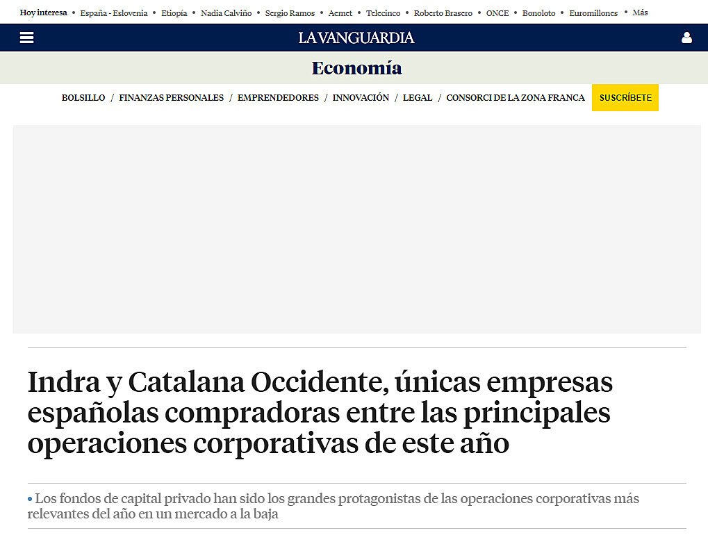 Indra y Catalana Occidente, nicas empresas espaolas compradoras entre las principales operaciones corporativas de este ao